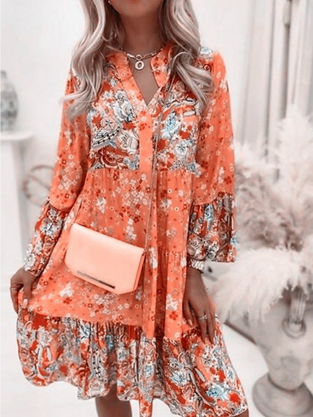 Floral Tiered Women’s Dress in Coral - Size Small
